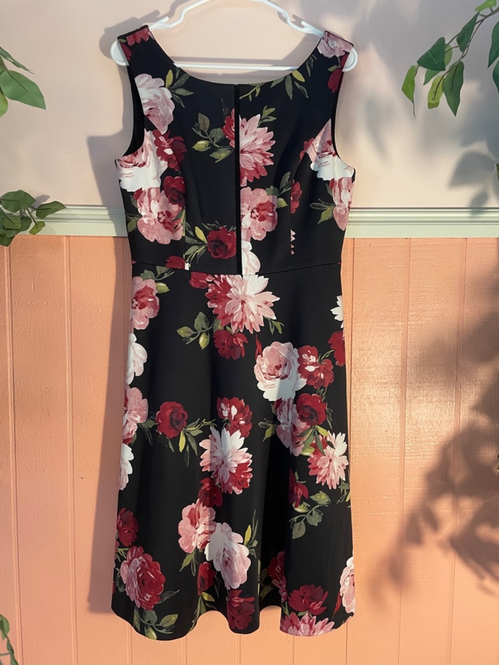 White House Black Market Black Dress with Pink Floral Print, Size 8